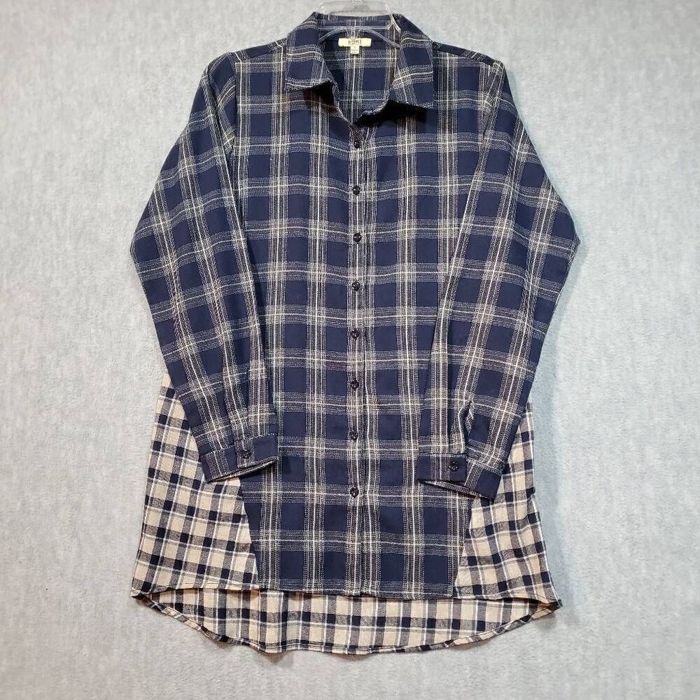 Kori America Flannel Womens Small Blue Tan Plaid Button Down Shirt Top